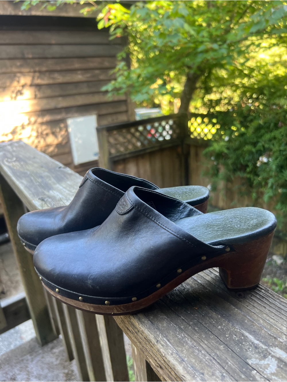UGG Black Leather Studded Clogs with Wood Heel Wedges